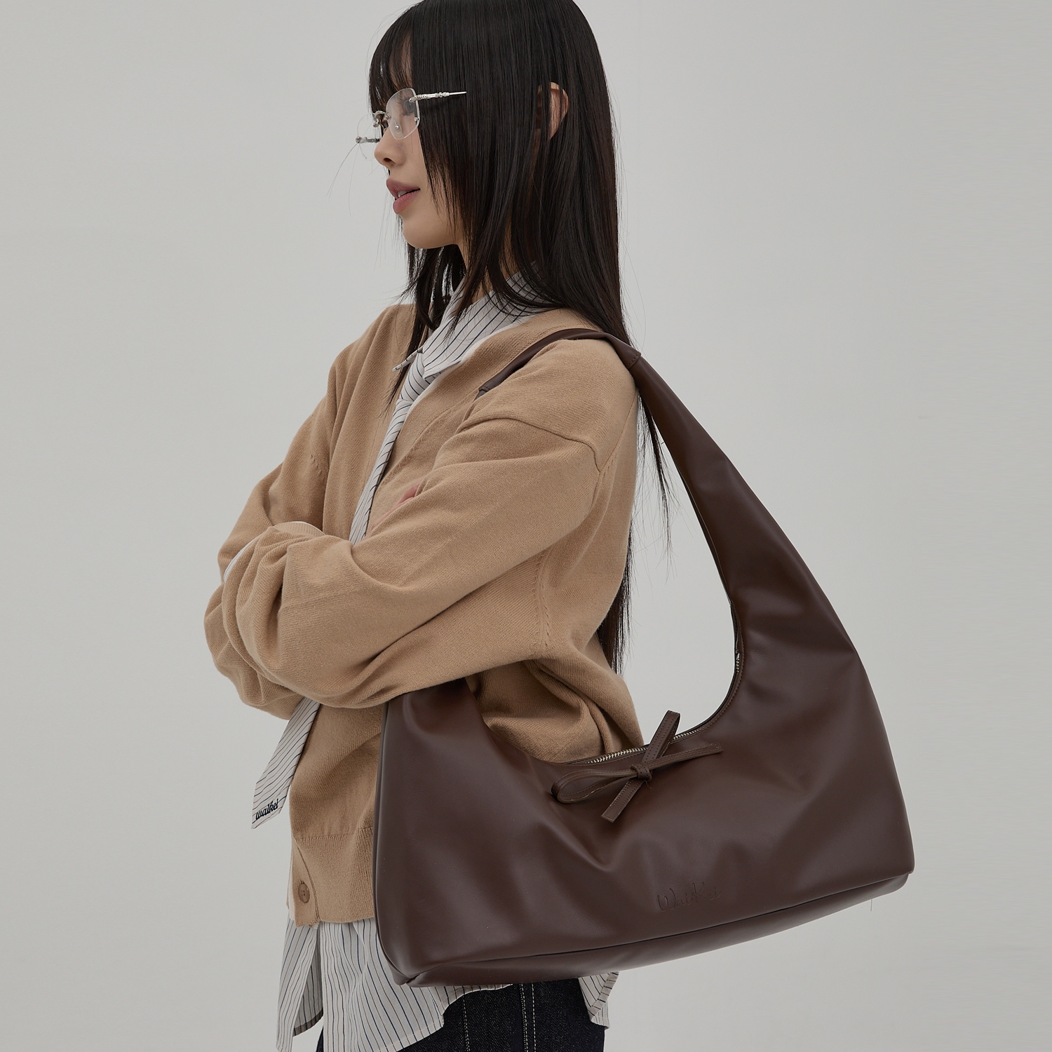 Artificial Leather Ribbon Hobo Bag BROWN