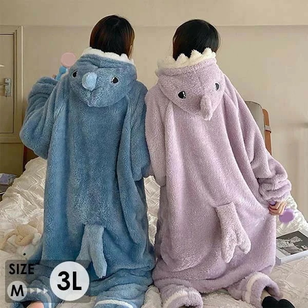 もこもこパジャマ ナイトガウン レディース サメ 冬 かわいい 上下セット 長袖 ルームウェア 帽子付き 着る毛布 もこもこ パジャマ 部屋着 寝間着 おうち時間 女性用 ふわふわ 前開き 韓国 暖か