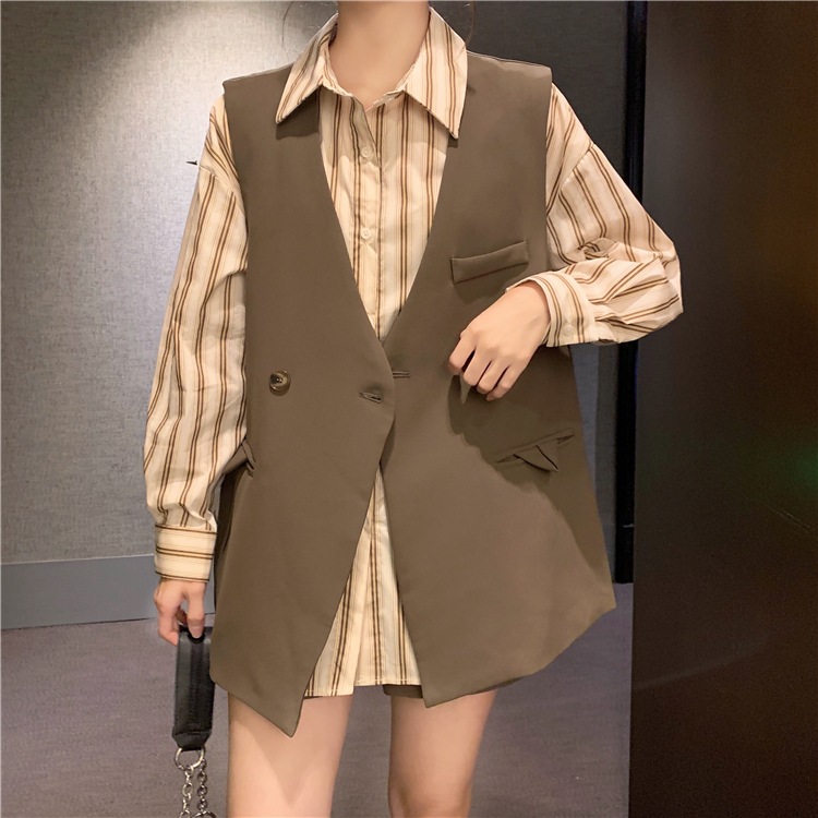 ストライプシャツ ベスト トップス シャツ 袖なし 袖あり 長袖 Vネック 襟付き ストレート Iライン ポケット 前開き 2way 薄手 2点セット かわいい 大人可愛い カジュアル 大人 おしゃれ 6,540円