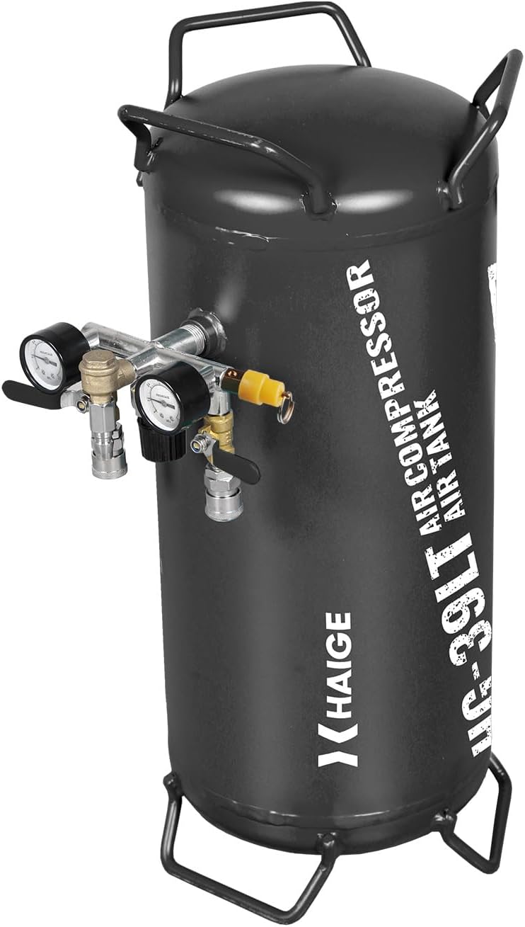 HAIGE(ハイガー) スチール製エアタンク サブタンク 縦横置き兼用 吐出口2つ タンク内塗装 オリジナルデザイン 最大圧力0.9MPa 39L ブラック