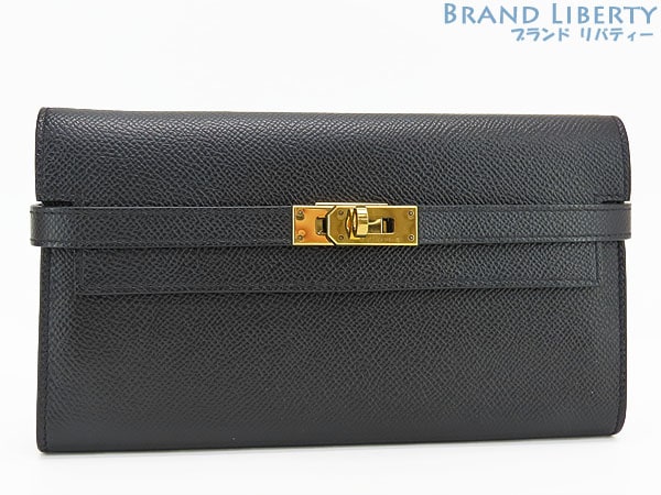 美品エルメスケリーウォレットロング二つ折り長財布ブラックゴール金具ヴォーエプソンH051300CC89