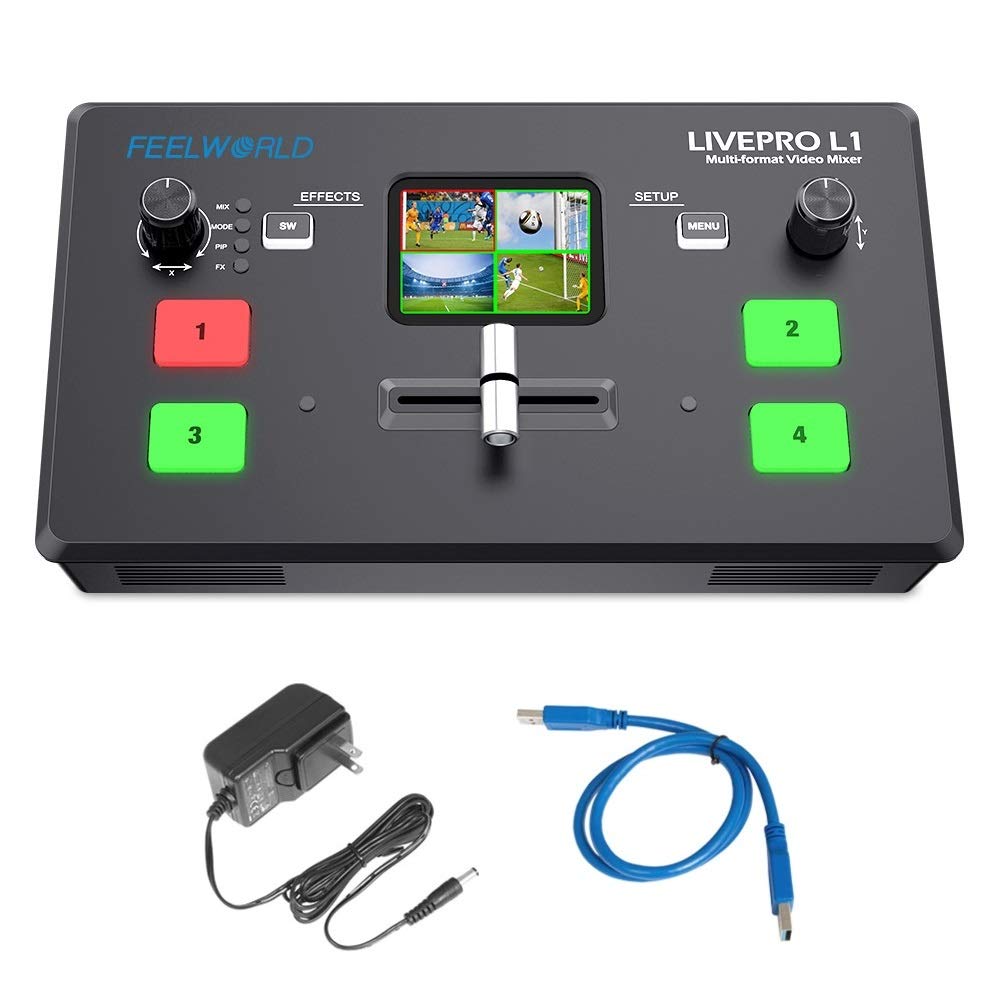 Feelworld LIVEPRO L1 V1マルチフォーマットビデオミキサースイッチャー2インチLCDスクリーン4xHDMI入力USB3.0ライブストリーミング・カメラプロダクション・生放送用（US