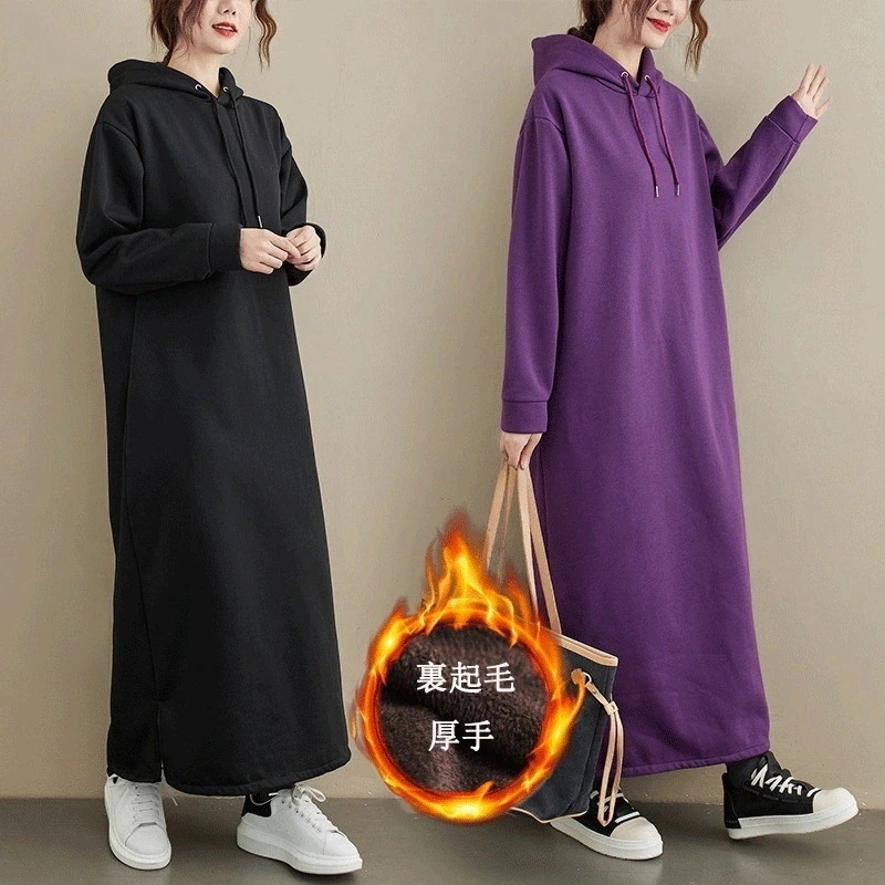 大人気！7COLOR 裏起毛ワンピースフード付きロングワンピース秋冬 パーカー裏起毛 長袖 ロングワンピース マキシ丈 長袖 プリントのパッチワーク ゆったり