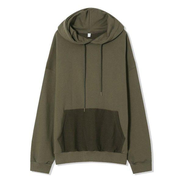 メンズターンオーバー配色カンガ루スウェットフード付きTシャツAC-TSA-Q055-カーキ