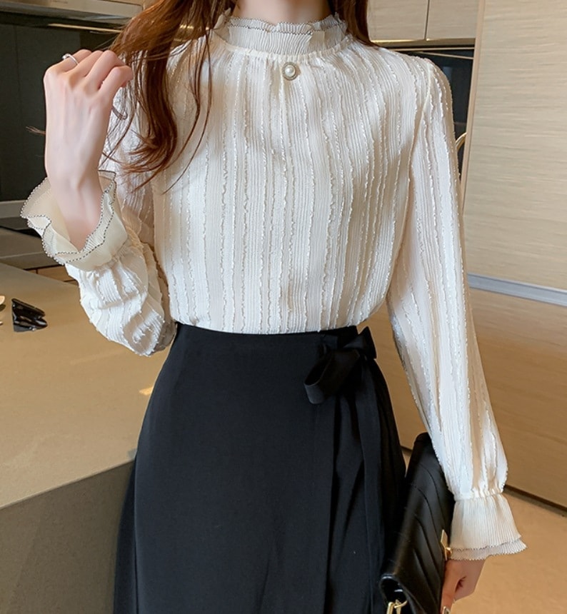 デート モテアイテム シャツ ブラウス 長袖 ミドルネック チュール 可愛い きれいめ 上品 おしゃれ かっこいい 可愛い ラブリー キュート ガーリー クール モード系 セクシー エレガント