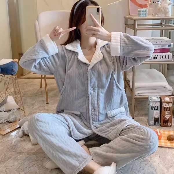セットアップ ルームウェア パジャマ ロング丈 長袖 開襟 デザイン ボタン ニュアンス ポケット ケーブルニット 2点セット ツーピース 2点セット ロマンチック リラックス かわいい 大人可愛い