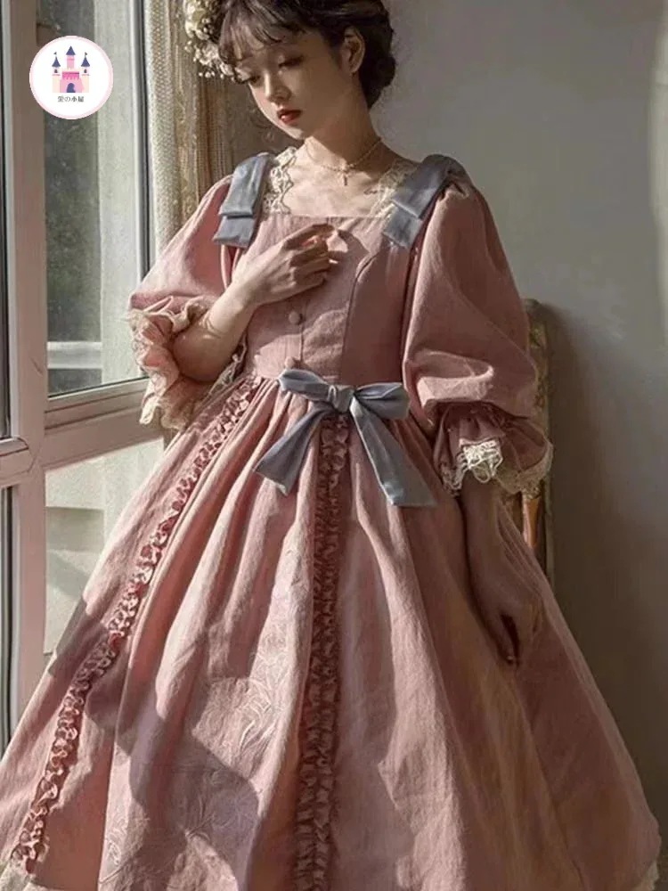 ロリータピンク逃げ姫スカートフレンチレトロ洋装ロリータワンピース宮廷風ピンクスカート