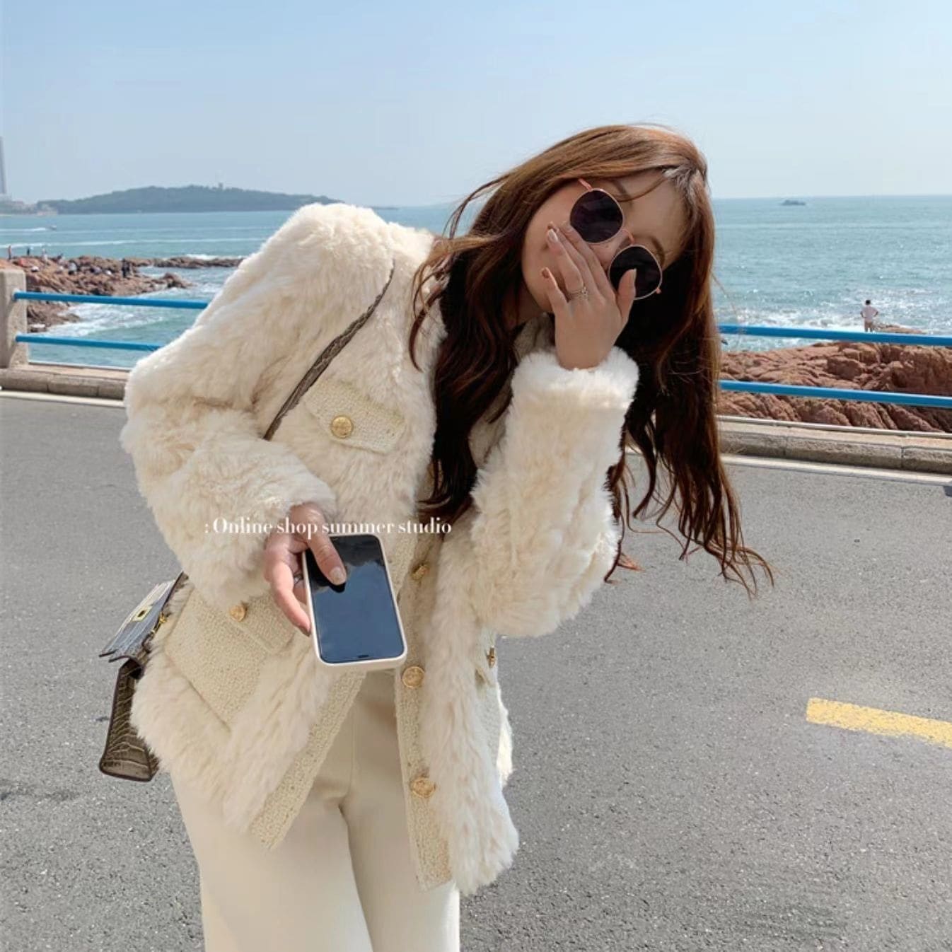 韓国ファッションファーコートアウター レディース 秋冬ゆったりニットボタンシングルブレスト