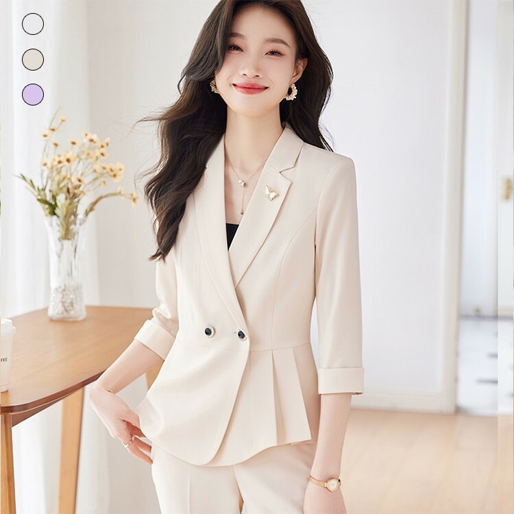 スーツ 2点セット レディース ビジネス カジュアル パンツスーツ 七分袖 ジャケット パンツ 無地 OL 九分丈