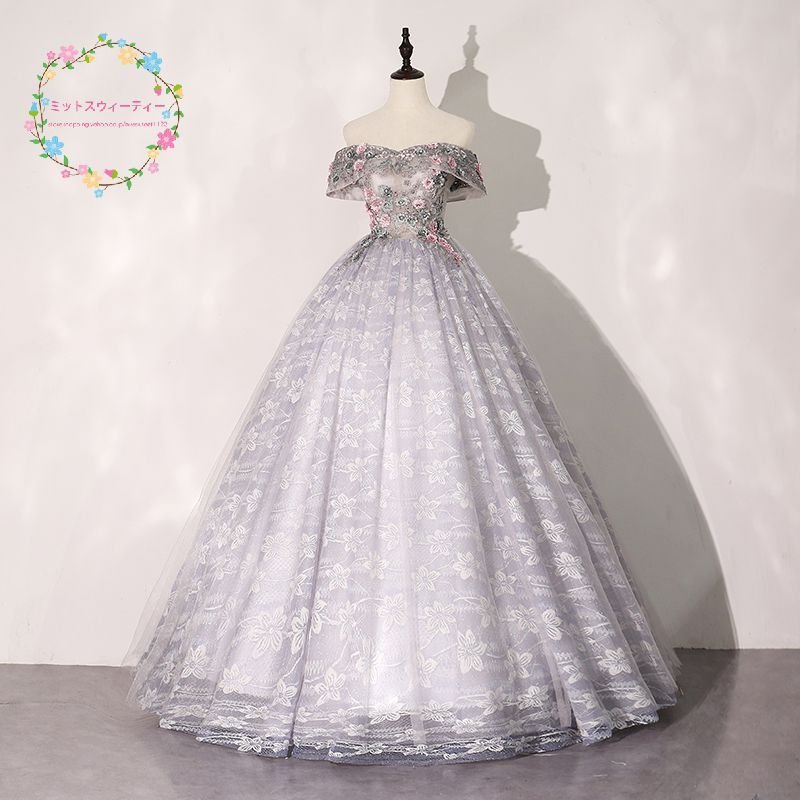 演奏会 カラードレス ロングドレス 発表会 パーティードレス コンサート ステージ衣装 グレー シル