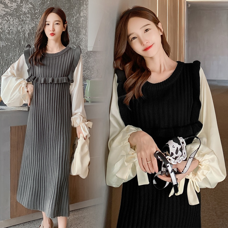 【送料無料】マタニティ ワンピース レイヤード風 ボリュームスリーブ 丸ネック フリル ニット