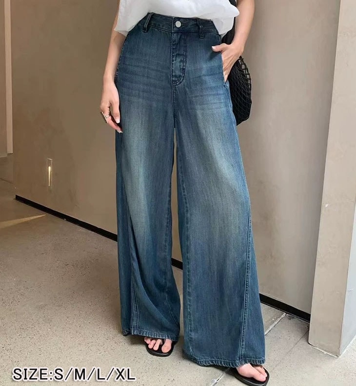 ルーズデニムパンツ レディース パンツ デニムジーンズ ワイド ロング ハイウエスト ゆったり 体型カバー ポケット付き 春 夏 綿混 30代 40代 50代 20代