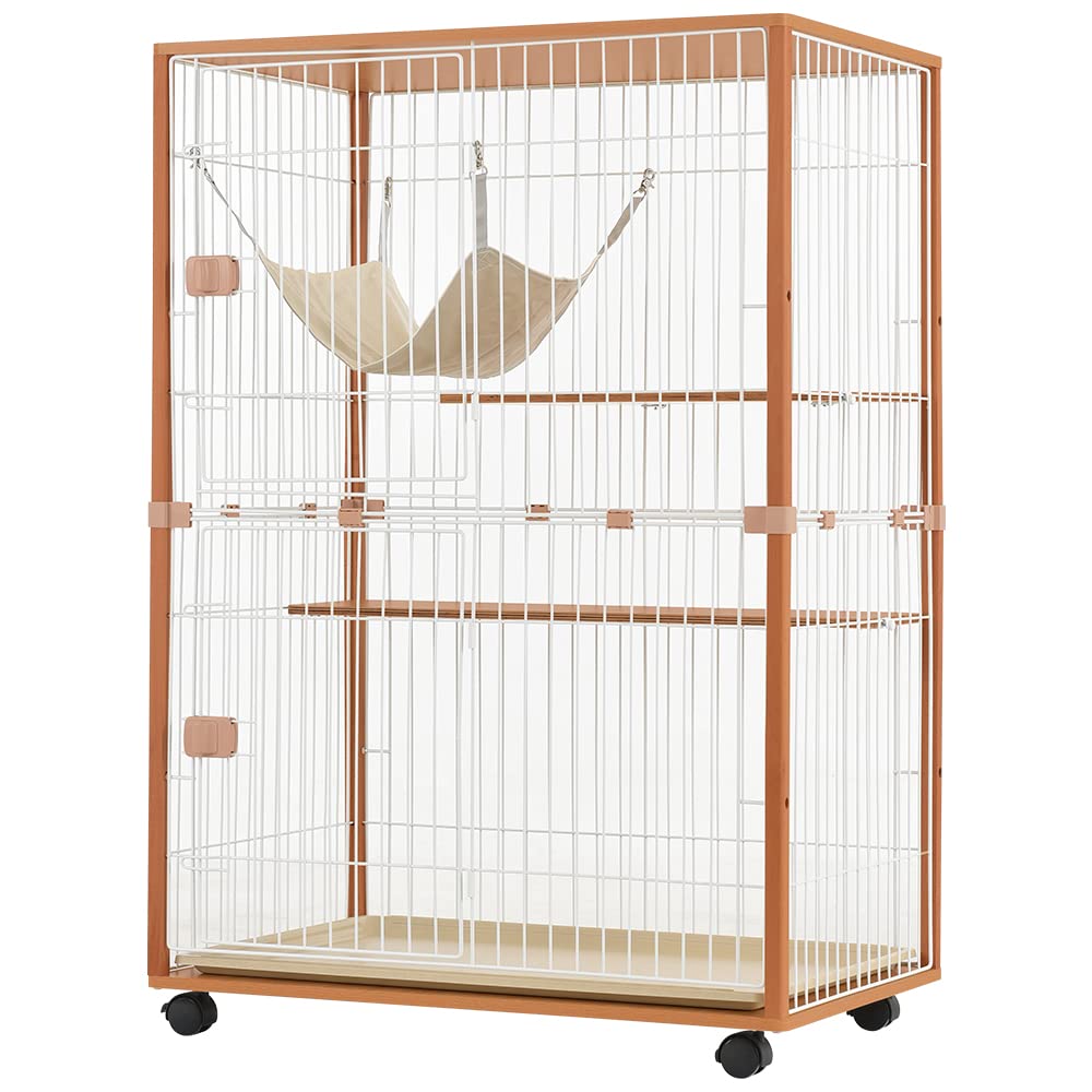 BTM 猫 ケージ キャットケージ 2段 木製フレーム 猫ゲージ キャットハウス ハンモック付き 引出し式トレー付 天板 頑丈設計 大型 多頭飼い 留守番 保護 脱走防止 おしゃれ