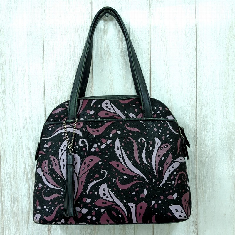 【中古】印傳屋 インデンヤ ハンドバッグ レザー ブラック パープル ピンク