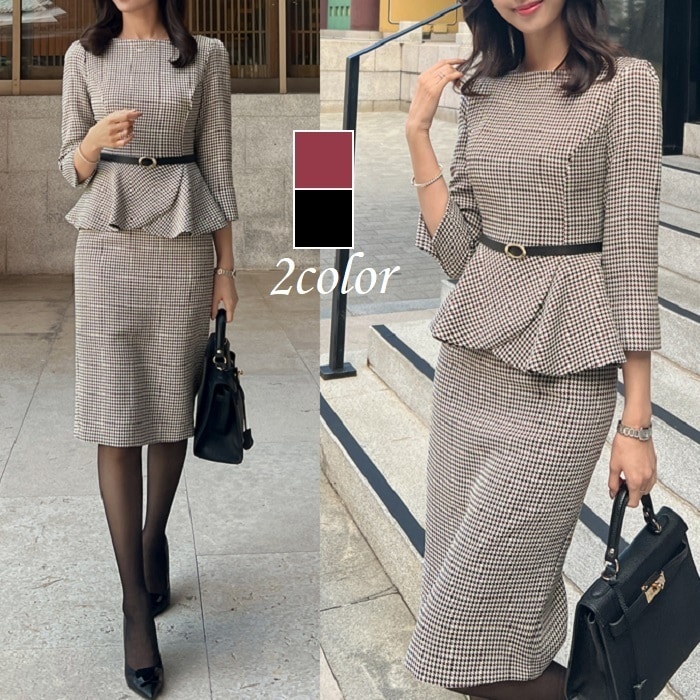 ワンピース 結婚式 長袖 タイトワンピース ベルト付 千鳥柄