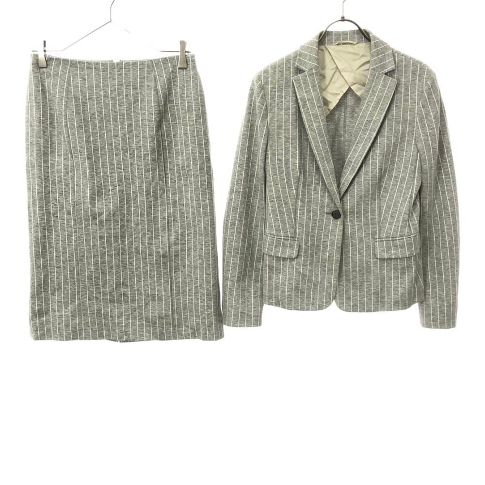 三陽商会 ストライプ スカートスーツ 上下セットアップ 38 ライトグレー バックジップ レディース