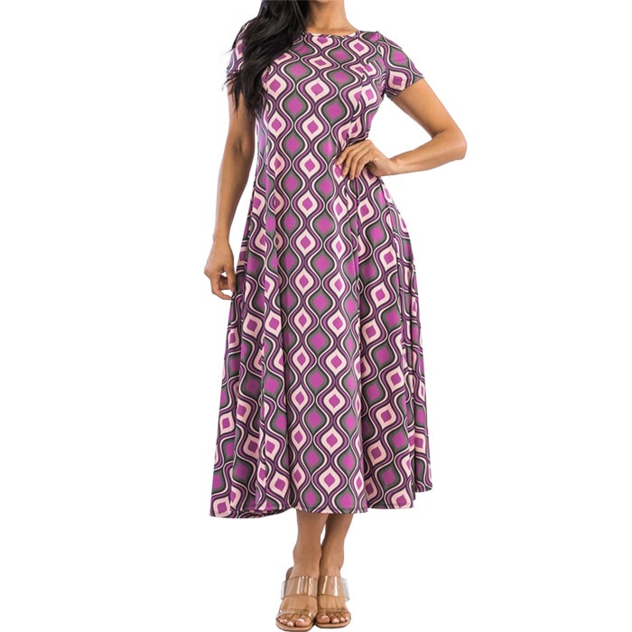 ワンピース ミモレ丈 半袖 丸首 LAインポート フロウィーシルエット ジオメトリック柄 S.M.L ピンク FROM USA HF240521LA017