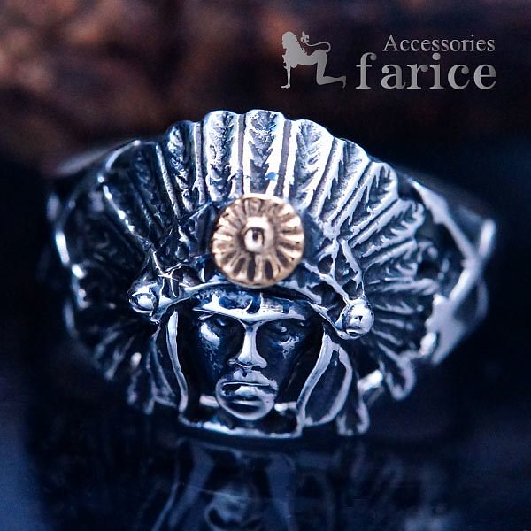 ネイティブアメリカンチーフ(酋長) 3Dリアル立体型 イエローゴールドバイカラー メンズ インディアンジュエリー シルバー925 リング