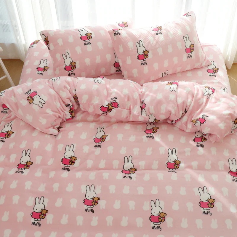 ミッフィー 布団カバーピンクミッフィー寮ミルクベルベットコーラルベルベットキルトカバー冬ぬいぐるみ厚手シングルキルトカバーシングルフランネル