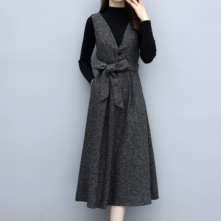 【輝いて超人気】 上品見え ハーフネック ノー カラー 長袖 カットソー エレガント リボン ボウタイ 大人可愛いAライン ワンピース セットアップ 2点セット 秋 冬 レディース 5,207円