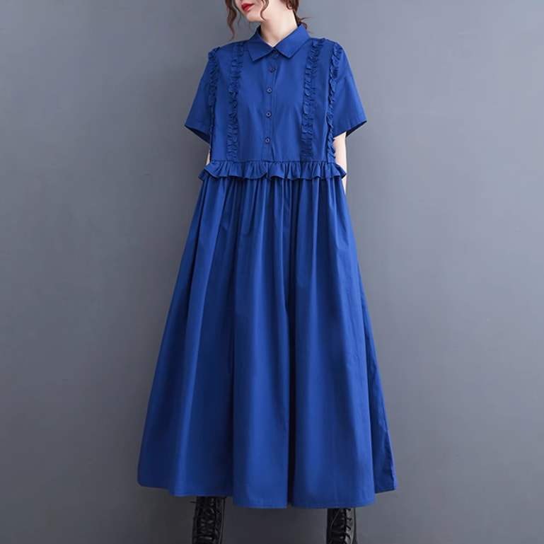 レディース スカート ワンピース ドレス ロングスカート ミモレ 半袖 襟付き ワイド フェミニン ボタン 薄手 かわいい 大人可愛い きれいめ シンプル カジュアル 上品 おしゃれ レトロ こなれ感