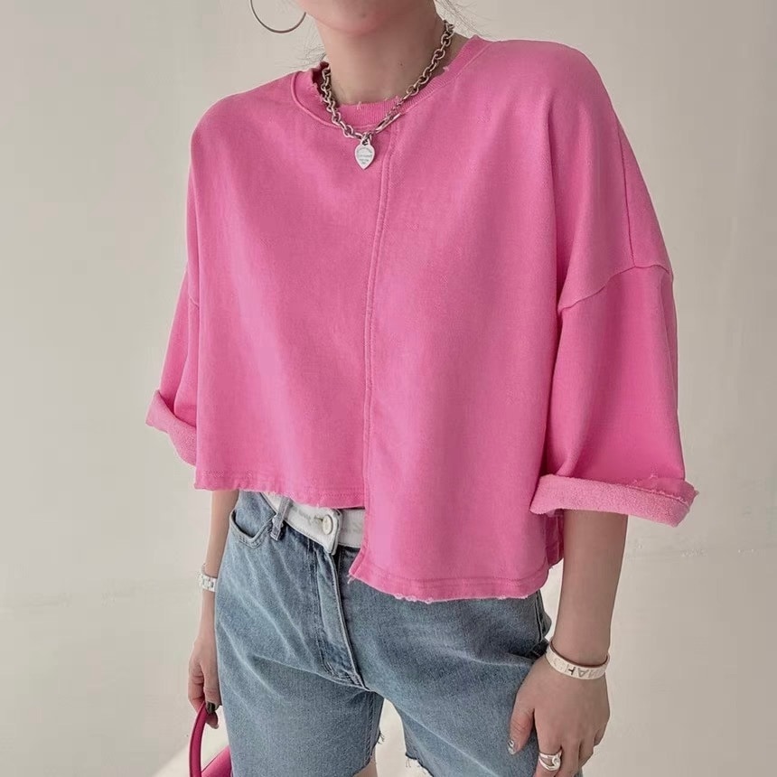 レディース トップス カットソー プルオーバー トレーナー ショート アシンメトリー 5分袖 Uネック ラウンドネック 切り替え オーバーサイズ フェミニン ストリート ハイウエスト かわいい