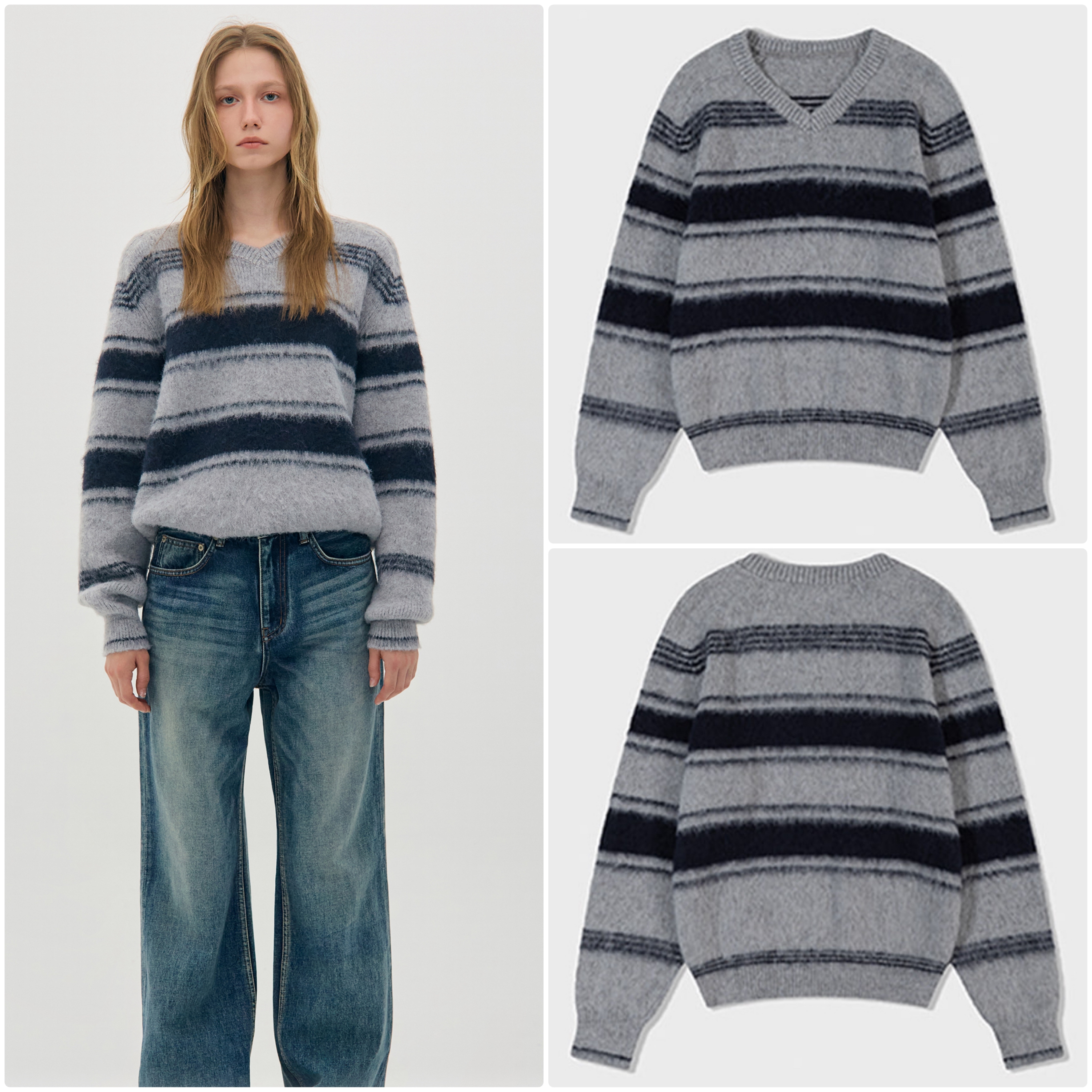 STRIPED FUZZY SWEATER_GREY STRIPE_LC244KN03GT