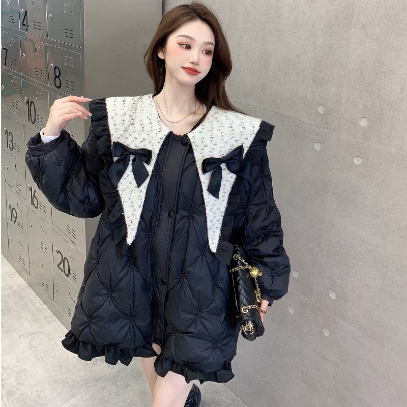 ツイード襟ダウンジャケット BIGカラー ダウンジャケット ダウンコート フリル リボン ドール アウター ジャケット コート レディース ２カラー D390