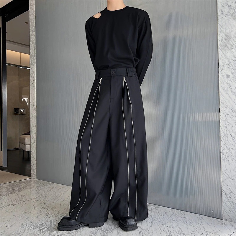 ワイドパンツ メンズ ボトムス ブラック グレー モダン カジュアルパンツ 黒ロンパン 脚長 四季通用