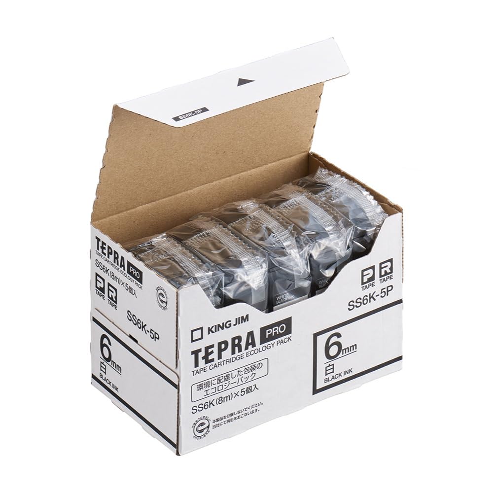 【純正】 キングジム(Kingjim) テプラPROテープカートリッジ エコパック5個入 6mm 白ラベル/黒文字 長さ8m SS6K-5P
