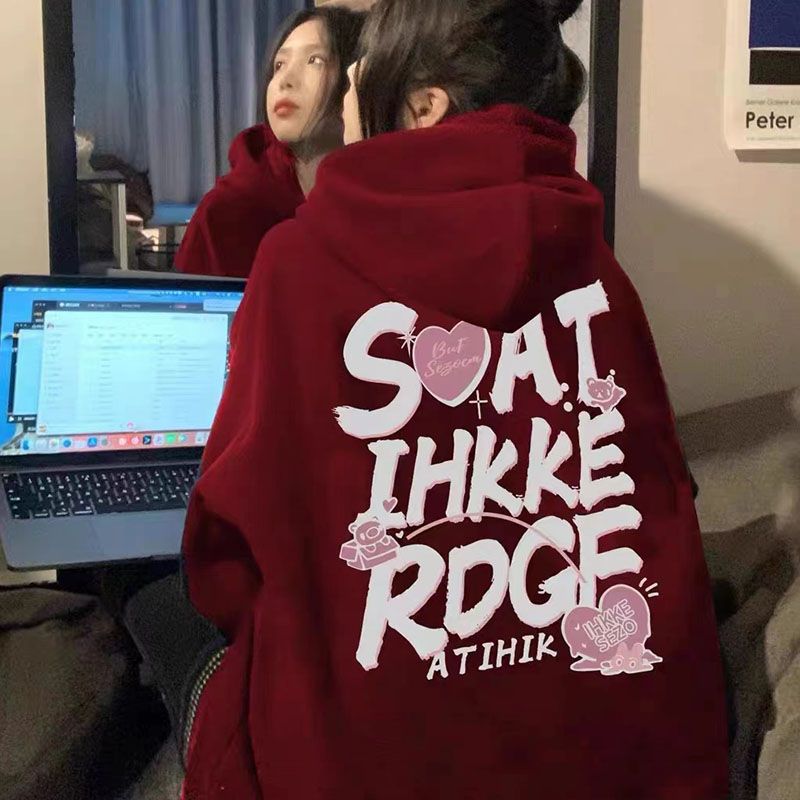 メガ割人气新作ワインレッドのガーディアン韓国 パーカー の新型帽子までゆったりした長袖tシャツレディース Tシャツ着痩せパーカーなコートにベルベットをつけて学生の外着を厚くする