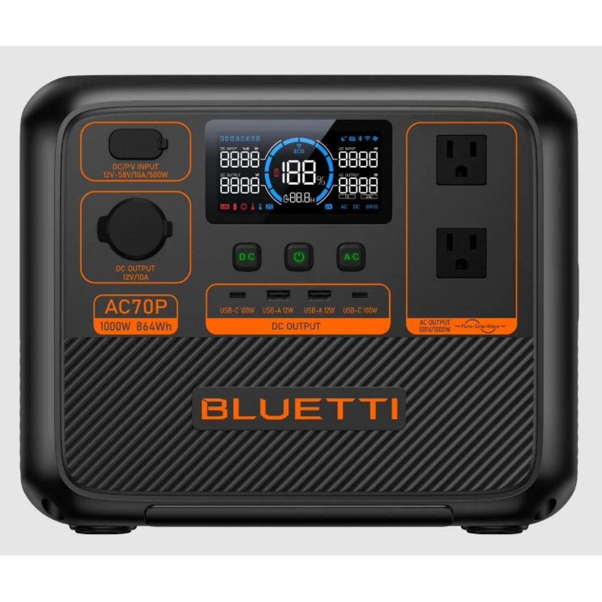 BLUETTI(ブルーティ) AC70P 小型 ポータブル電源 1000W IP65 5年間保証 プロモデル リン酸鉄 リチウムイオン 電池 864Wh 急速充電