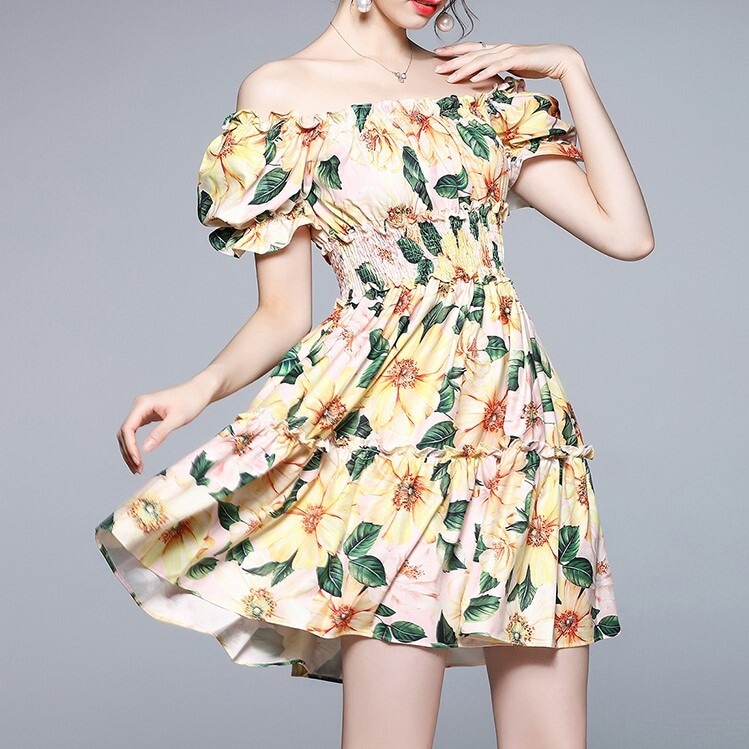 ワンピース フラワープリント ミディ 半袖 フレアスリーブ レディースファッション オールインワン