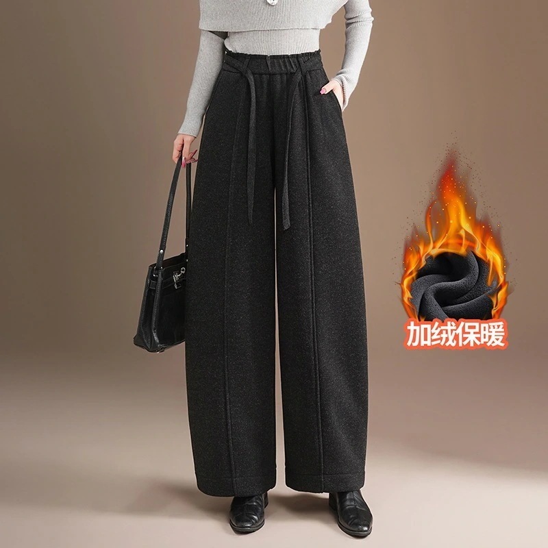裏起毛 ツイードパンツ ハイウエスト 毛裏厚手 カシミヤカーブ ロング ガウチョパンツ 秋冬