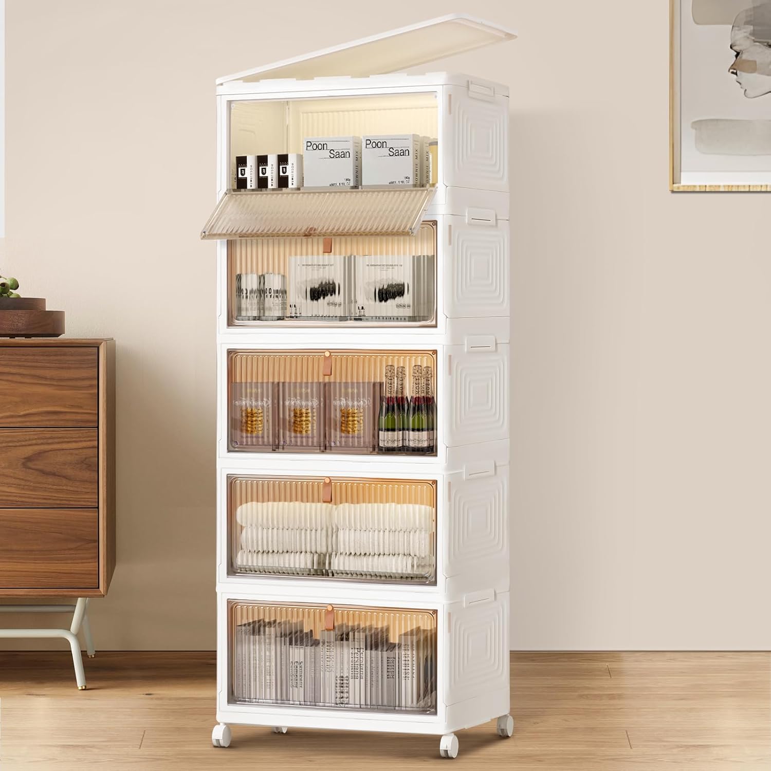 ホームブリス 収納ボックス 積み重ね 折り畳み収納ボックス 前開き 蓋付き 収納ケース マグネット式扉 キャスター付き 組立簡単 透明 おしゃれ 小物/衣類/書類/化粧品/靴 省スペース 防塵 防湿