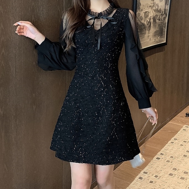 ワンピース レディース 異素材ワンピース フリルスリーブ ドレス ショート丈 レース オフショルダー