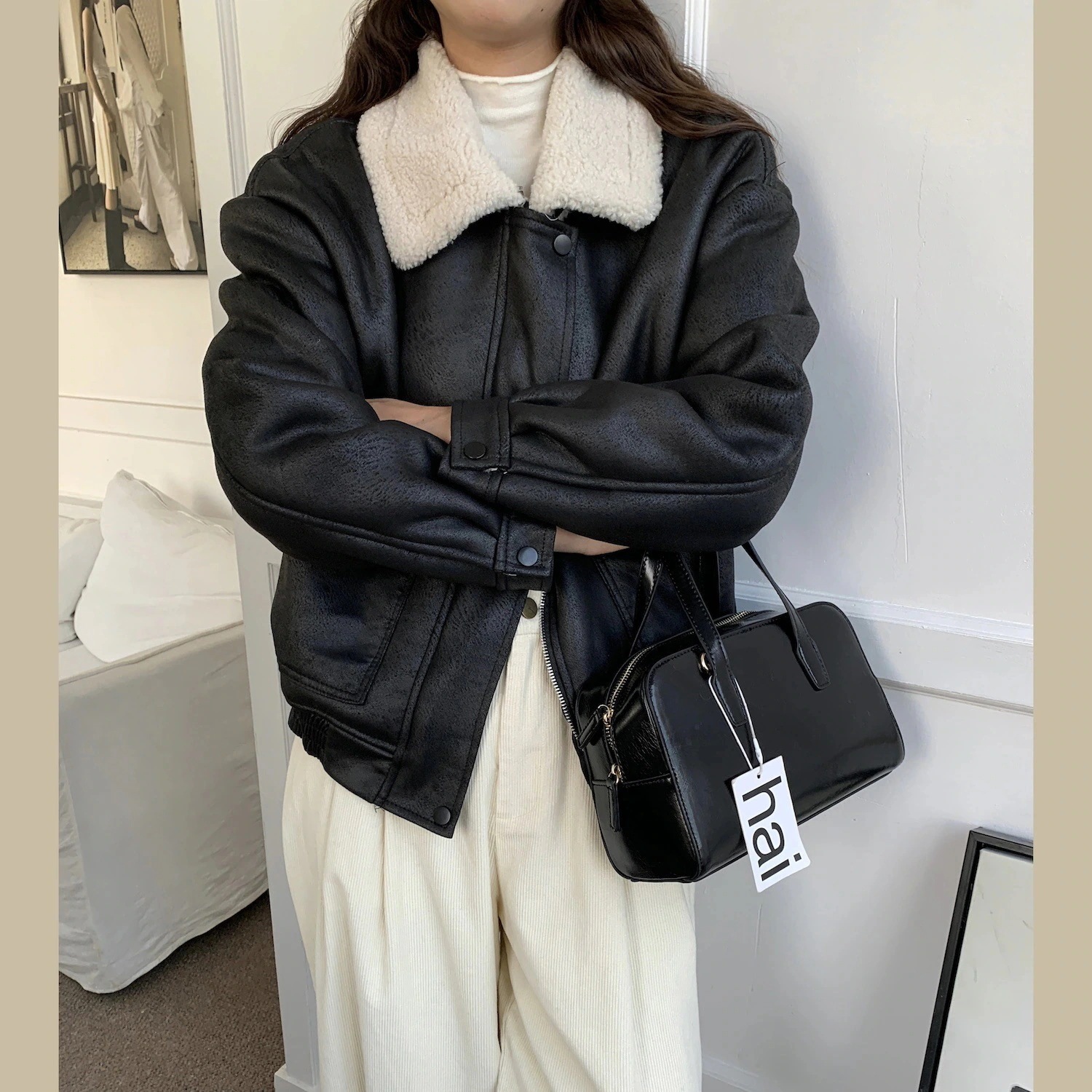 ボアファーレザー一体型ジャケット 加厚保温ボアアウター レディース フェイクファー