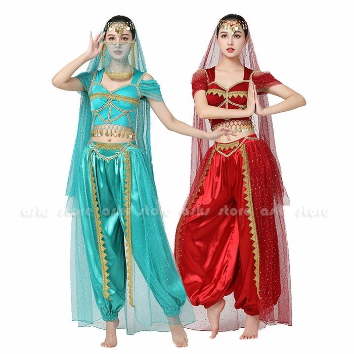 【急速出荷早割SALE】ベリーダンス 上下セット ダンスウェア トップス 半袖 ヘソ出し パンツ ヘッドベール フェイスベール インドダンス アラビアン 女王 アラジン 民族衣装 イベント コスプレ