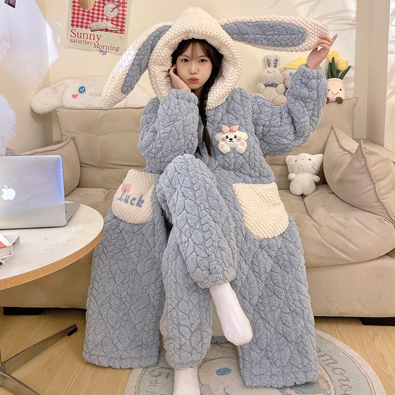 サンゴのベルベットとベルベットの厚いパジャマ女性秋冬の三階に綿を挟んで暖かい冬のパジャマがかわいい帽子の家の服