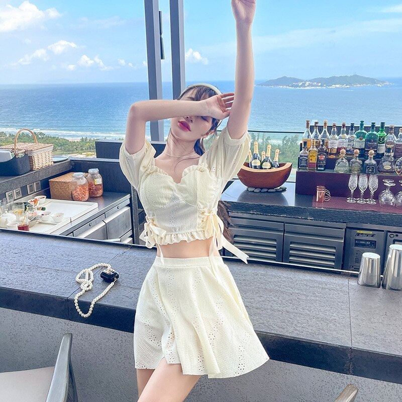 夏の新水着女性は控えめに腹を隠してやせている温泉に入っ分体の小さい胸の半袖のスカート式の水着AL 5,791円