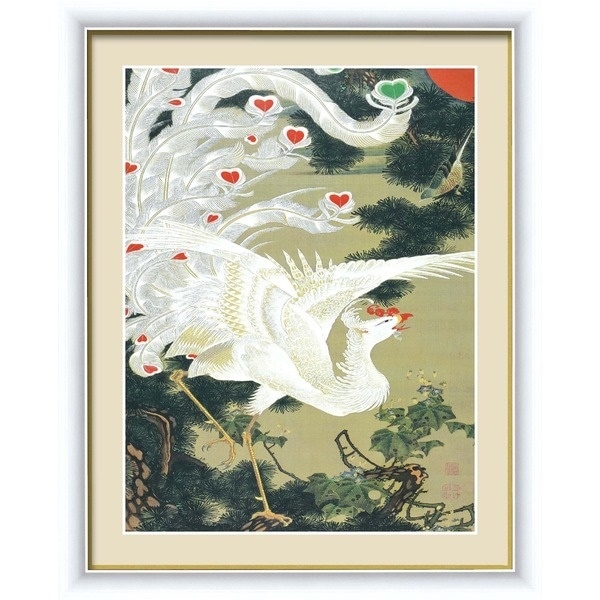 若冲 鳳凰 旭日][動植綵絵額]群鶏/白鳳/鶏伊藤若冲 額装品（白