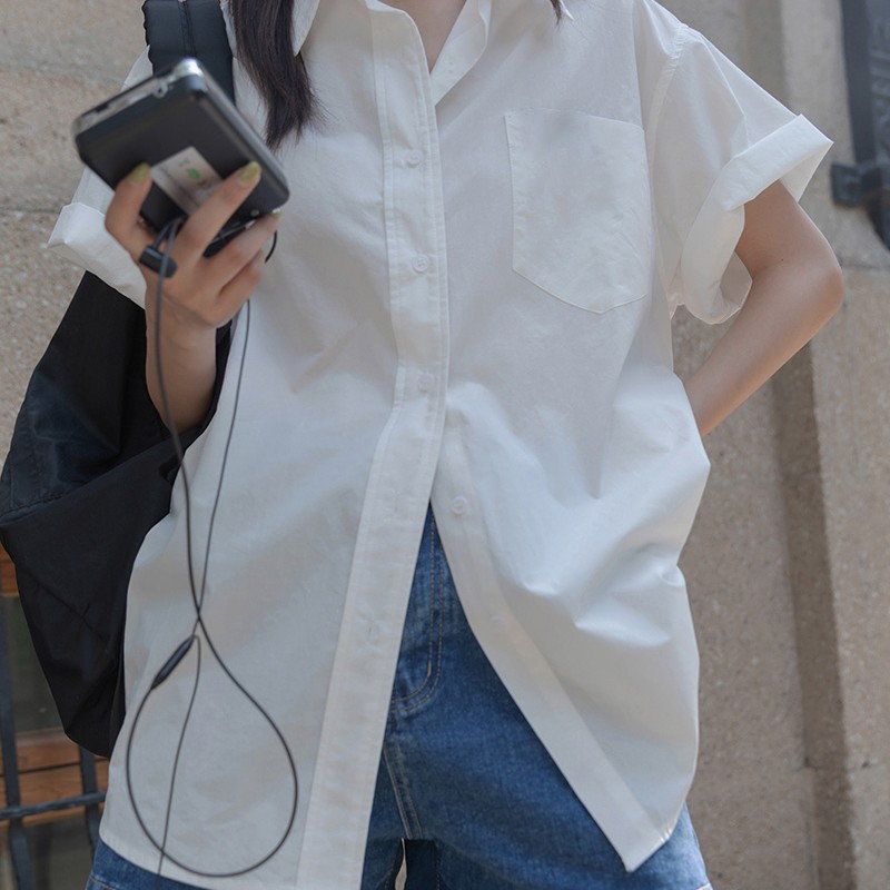 2026 冷淡風 白 半袖 シャツ 春夏 薄手 トップス レディース おしゃれ ゆったり ミドル丈 シャツ1159