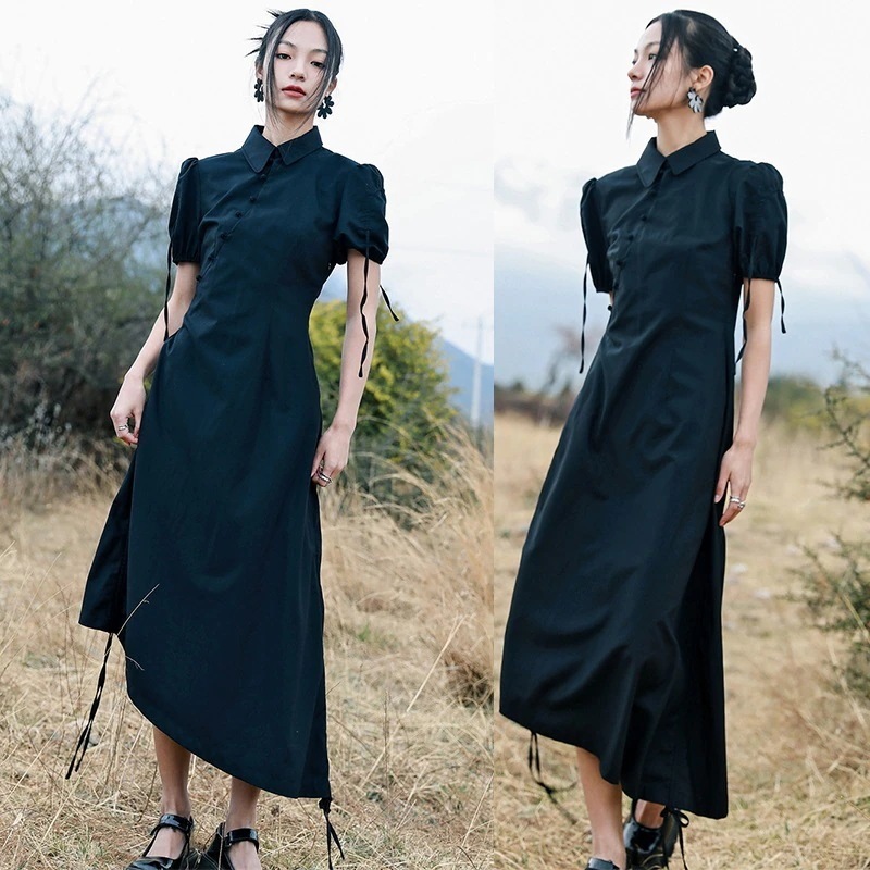 ロングワンピース 夏 黒 半袖 改良チャイナドレス パーティードレス チャイナ風ワンピース