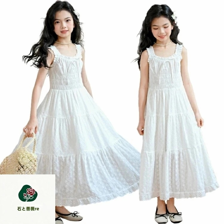 3日で出荷 【目玉商品～超人気】ワンピース 白 女の子 レース 無地 ワンピース 袖なし 夏服 旅行 ワンピース 可愛い ミモレ丈 韓国 デザイン かわいい カジュアル リゾート 子供服 通学 サマー