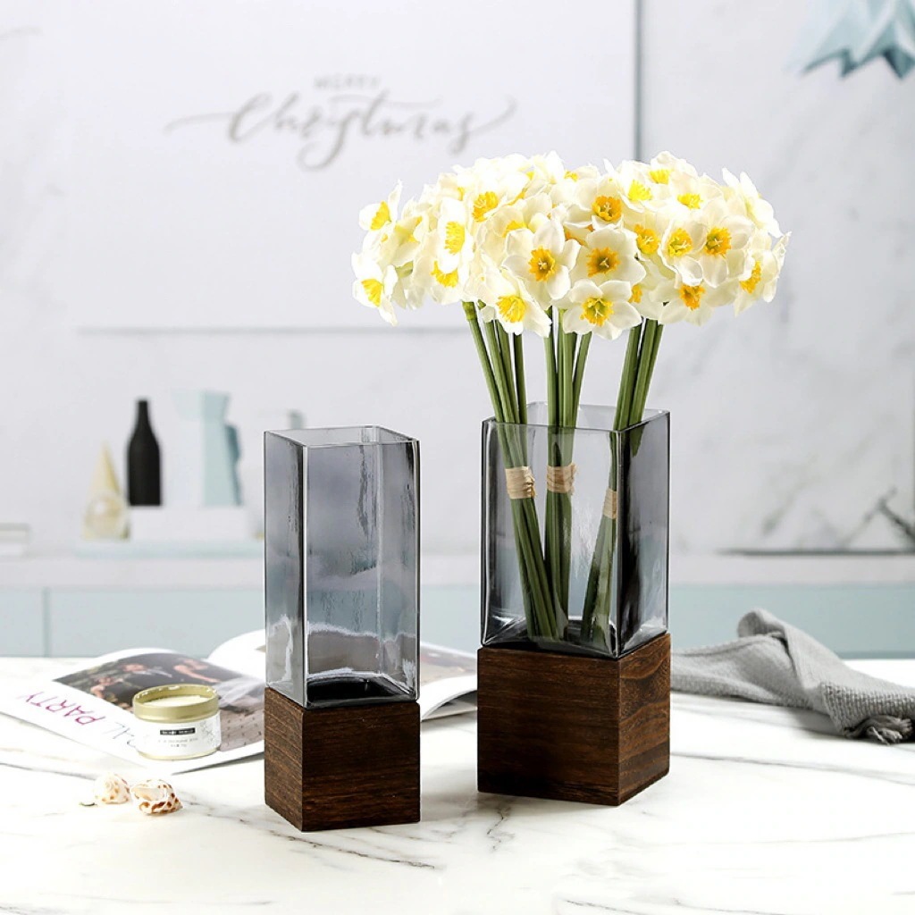 【20点セット】【送料無料】ストレートスクエア木座花瓶グレーの置物リビング生け花ガラス花器装飾
