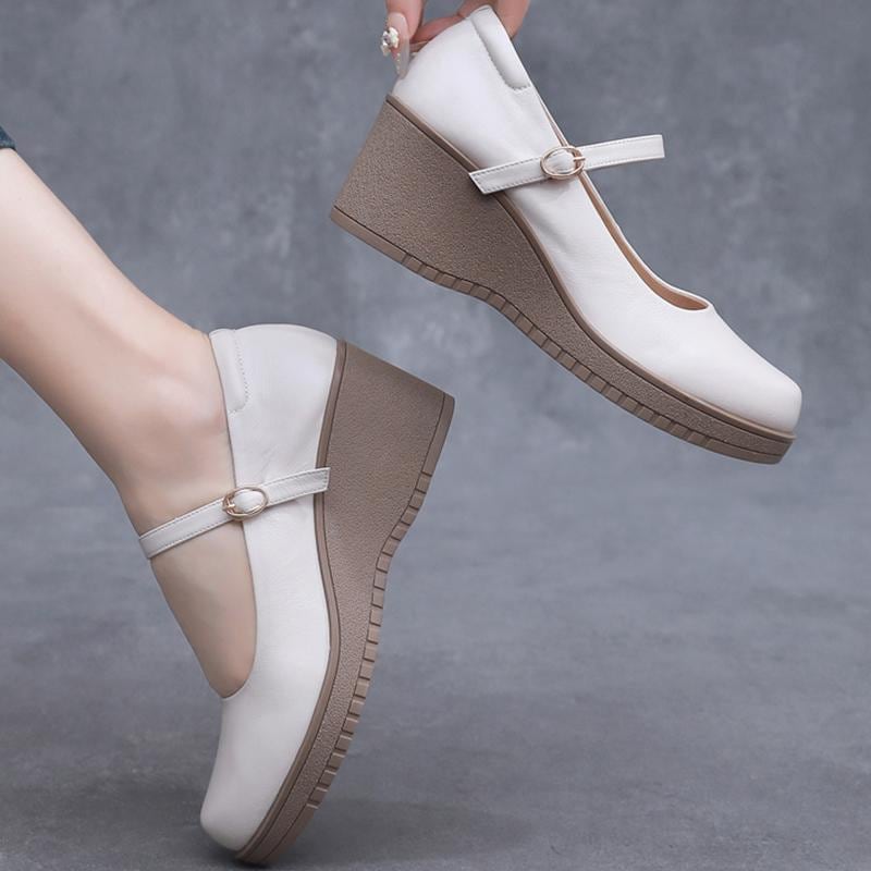 パンプス 本革 ワンワードバックル ウェッジソール 浅口 きれいめ フレンチレトロ レディース 黒 ブラック 白 ベージュ 無地 光沢 ツヤ感 革靴 レザーシューズ ローファー ハイヒール 高級感 お