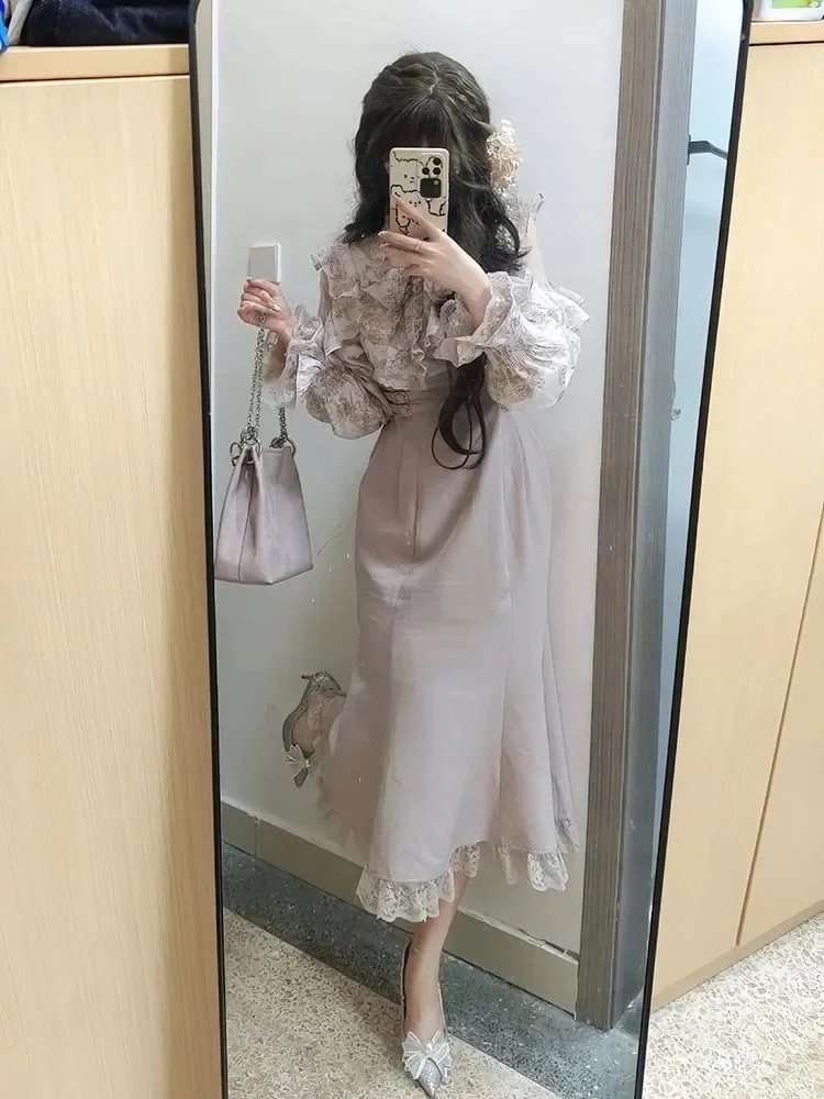 お嬢様風 ロリータ ナチュラル系 スリム効果 初秋 ワンピース フィッシュテール エレガント ロングスカート 大人気ロリータ ロングスリーブ