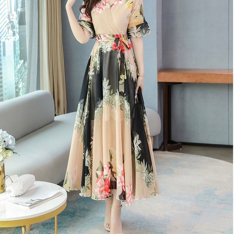 ワンピース フレアワンピース ワンピドレス ロング丈 マキシ丈 9分丈 アンクル丈 半袖 5分袖 Vネック フレア スリム 細身 Aライン ウエストリボン 薄手 きれいめ 大人 上品 おしゃれ 5,638円