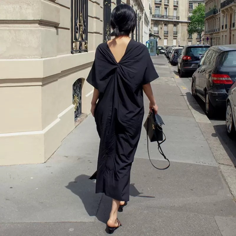 レディース ワンピース バックシャン オープンバック ロング 半袖 ラウンドネック 背中開き オーバーサイズ サイドスリット プルオーバー コットン 大人可愛い きれいめ 上品 おしゃれ