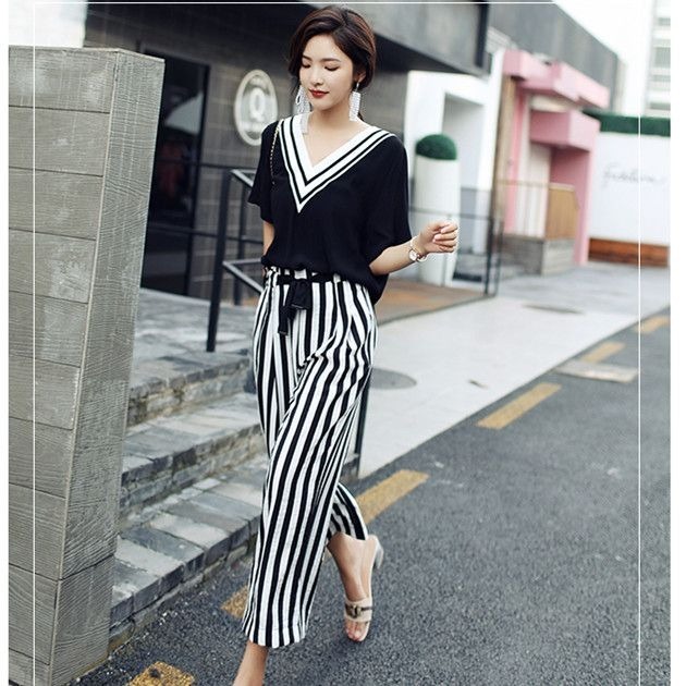 レディース 2点セット トップス ボトムス カットソー プルオーバー 半袖 Vネック パンツ ストレートパンツ カジュアルパンツ ミモレ丈 ウエストリボン かわいい 大人可愛い シンプル